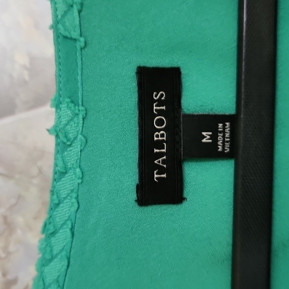 Green Knit Talbots Blouse Sheer sleeve Abstract Pattern Medium career party - Picture 4 of 8